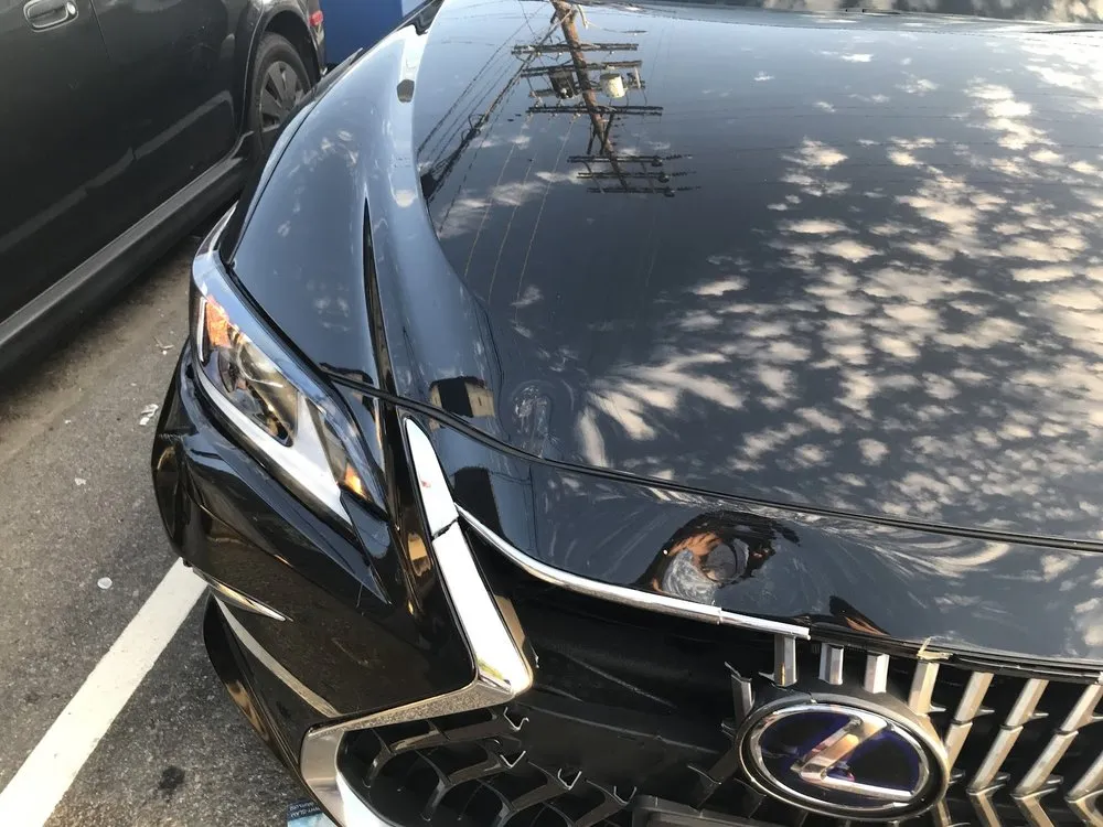 Black Lexus sedan with front-end damage at the hood edge, headlight and grille